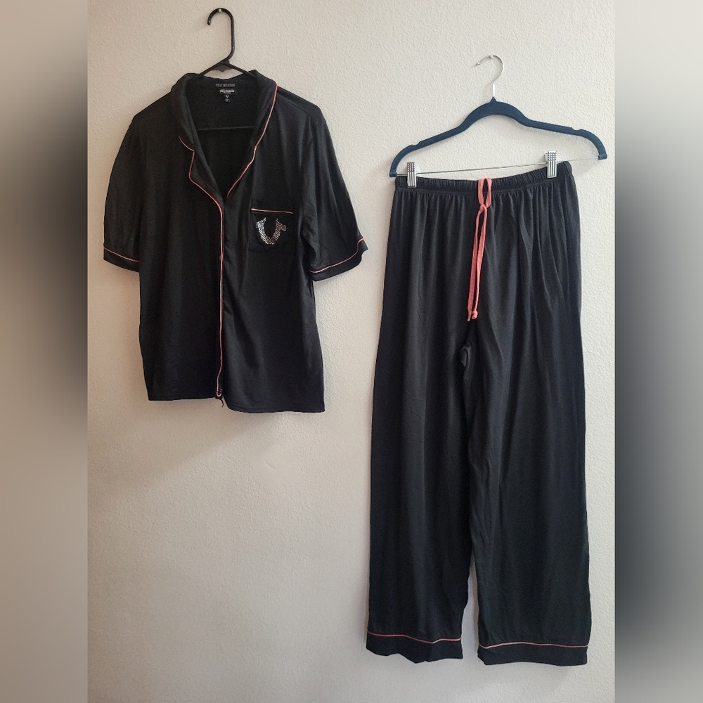 Women's Dark Blue  Pajama Set with Pink Trim